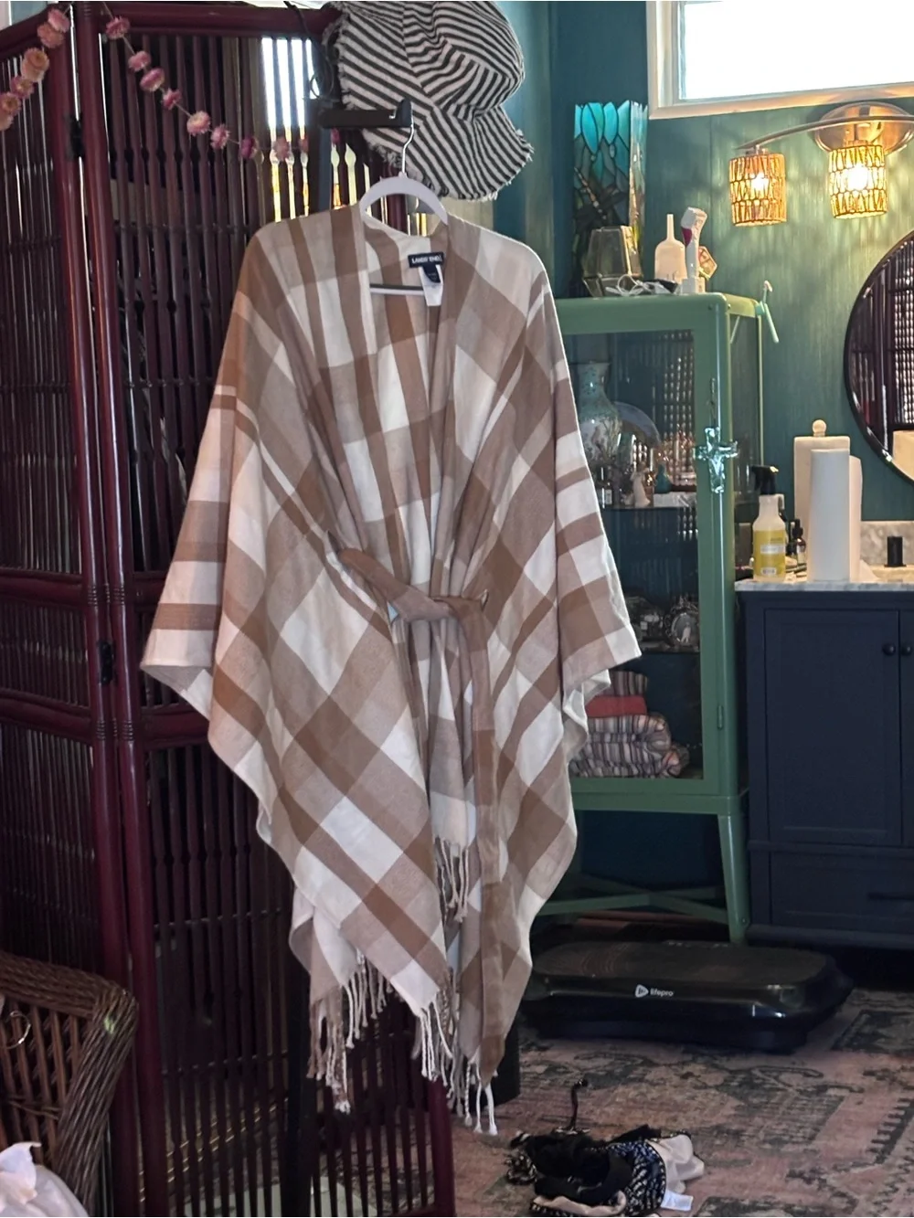 Lands End Poncho Cape Cream and Tan Plaid Wrap with Belt